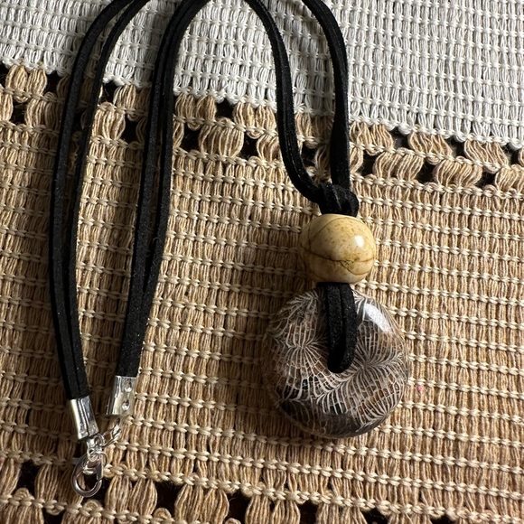 Coral Fossil Donut Pendant Necklace on Black Faux Leather Double Rope - Picture 11 of 14